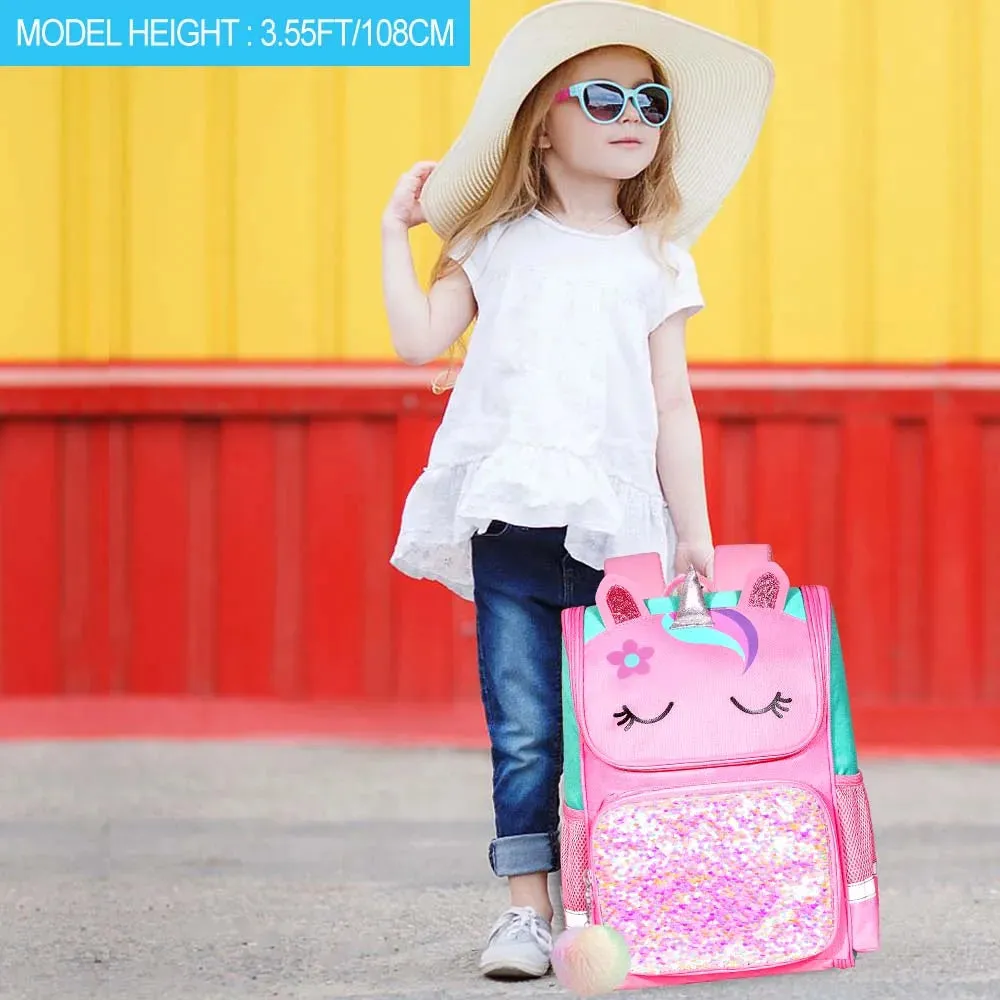 3 Piece Sequin Unicorn Dinosaur Design 15 Inch Bookbag Backpack Set For Kids