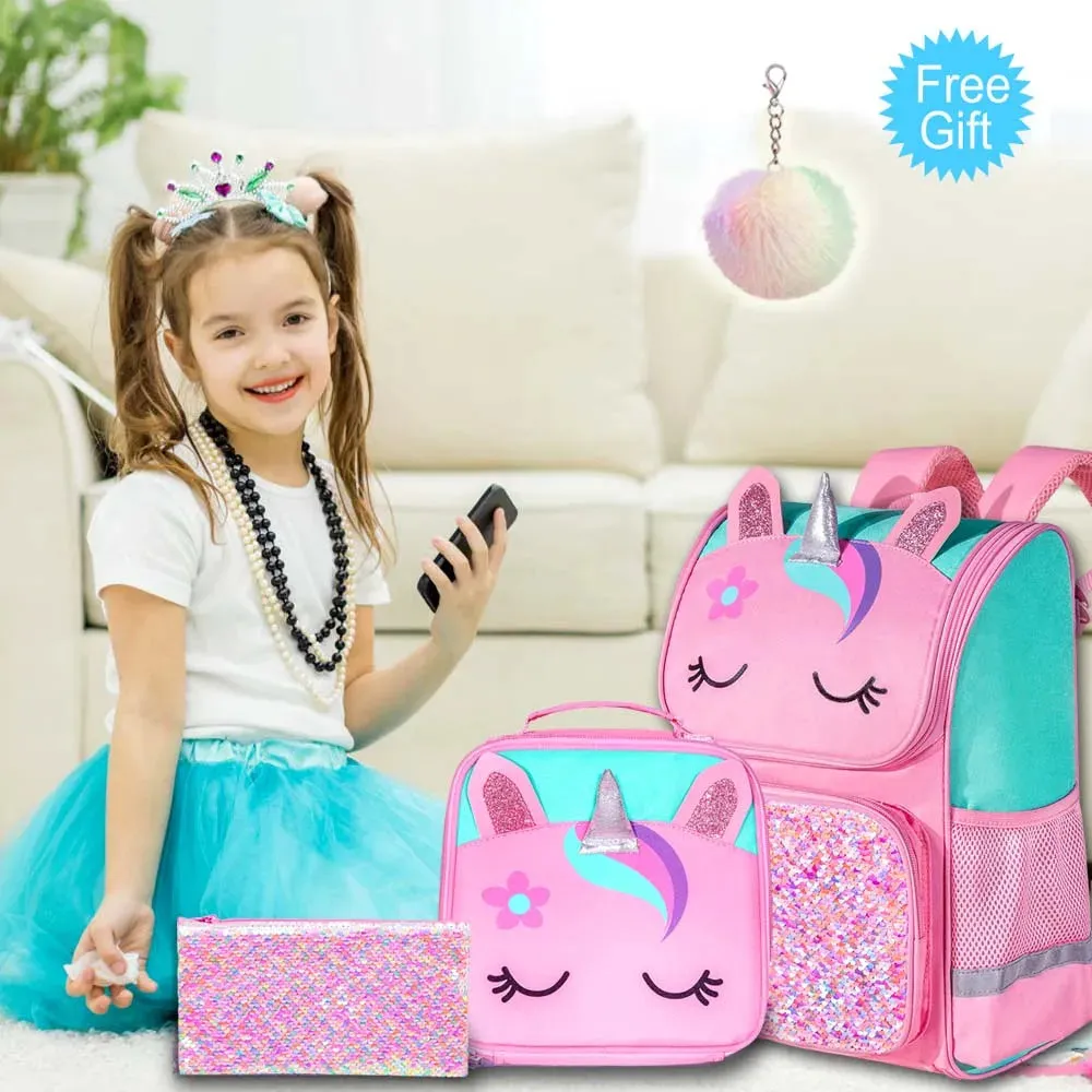 3 Piece Sequin Unicorn Dinosaur Design 15 Inch Bookbag Backpack Set For Kids
